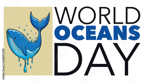 Whale illustration depicts a blue marine mammal diving into water to celebrate World Oceans Day.