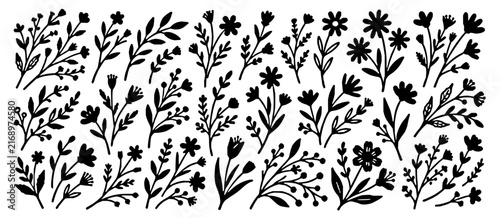 Assortment of hand drawn botanical branch and flower silhouettes isolated on a white background with wild flowers leaf branches plant graphics black blooms garden flora nature collectio