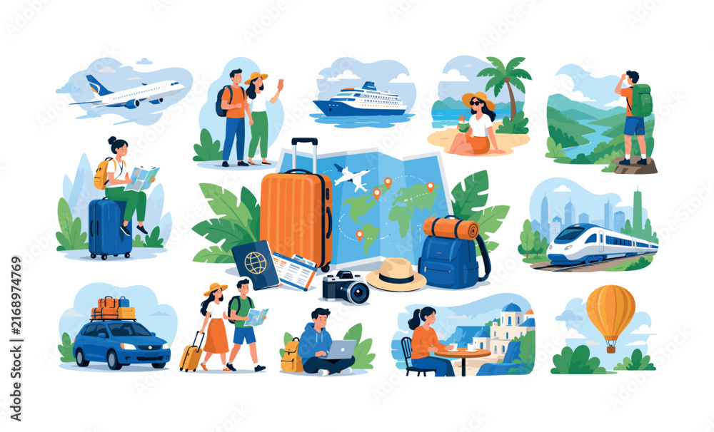 Fototapeta premium Diverse travel montage showcasing various modes of transportation and vacation activities