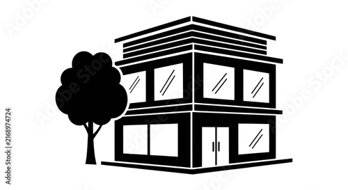 Vector illustration of modern office building icon with tree on a transparent background
