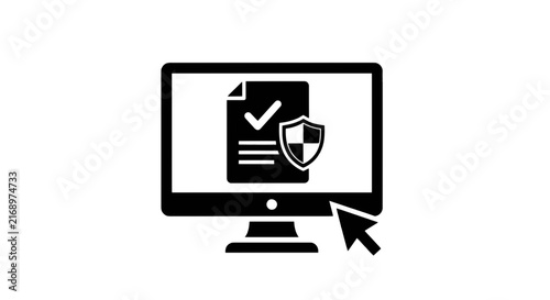Vector illustration of computer monitor with document and shield icon on a transparent background
