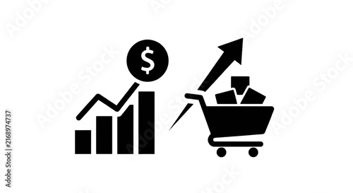 Vector illustration of business growth icon with rising chart and shopping cart on a transparent background