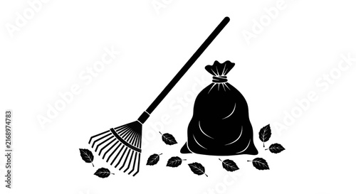 Vector illustration of rake and a bag of fallen leaves on a transparent background