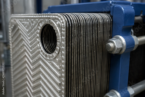 Gasketed Plate Heat Exchanger with Stainless Steel Chevron Plates Close Up