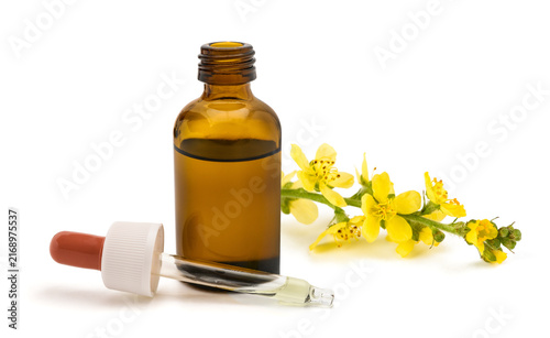 Fototapeta Agrimony flowers with glass dropper bottle, herbal medicine concept