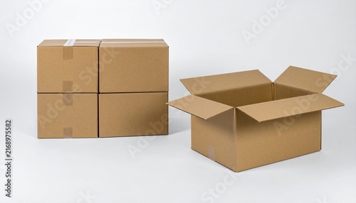 Open and sealed brown cardboard delivery boxes placed side by side isolated on a clean white background