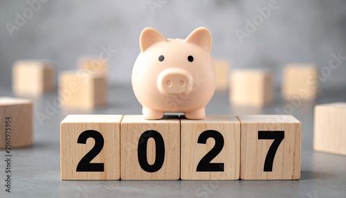 White piggy bank standing on 2027 wooden number blocks for financial planning concept isolated on a neutral background