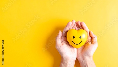 Two hands holding a yellow smiley heart shape overhead view on a bright yellow background