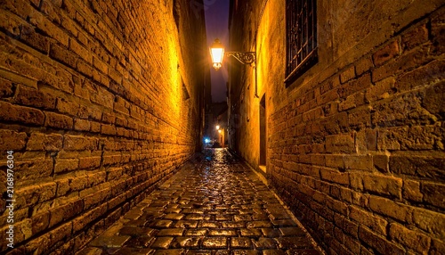 Narrow cobblestone urban alleyway illuminated by warm street lights at night with stone brick walls