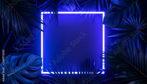 Glowing blue square neon light frame surrounded by tropical monstera and palm leaves on a dark background