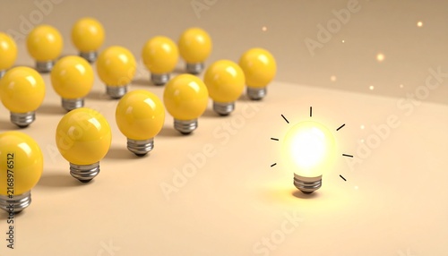 One glowing yellow light bulb standing out from group of unlit yellow bulbs for creative idea concept