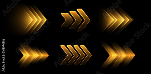 Glowing golden arrows, dynamic glowing pointers, fast motion. Movement, boost or action concept. Vector illustration.