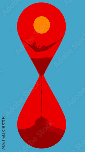 Map pins  form an hourglass to signal that time to vacation is running out so you better take the dream trip before it is too late. Vacation time is limited.