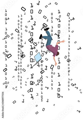 A man and his laotop fall with digital ones and zeros when his comuter crashed. Computer failure is the theme of this 3-d illustration.