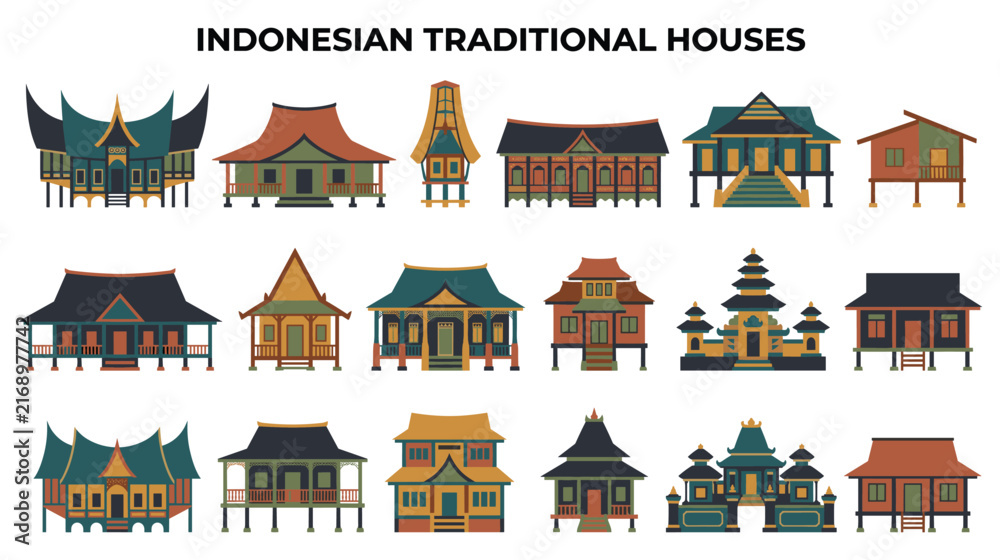 Fototapeta premium Traditional indonesian house architecture icons collection.