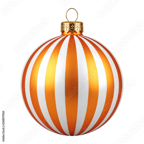 Christmas bauble ornament featuring vertical orange and white stripes for seasonal holiday home decoration and festive winter tree trimming