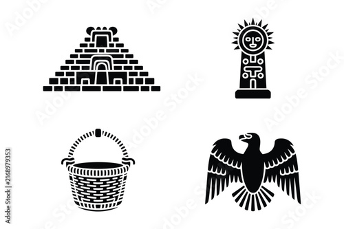 Ancient historical artifacts and monuments glyph style illustration