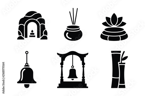Sacred cave shrine incense bowl lotus pool bell stand and bamboo symbols