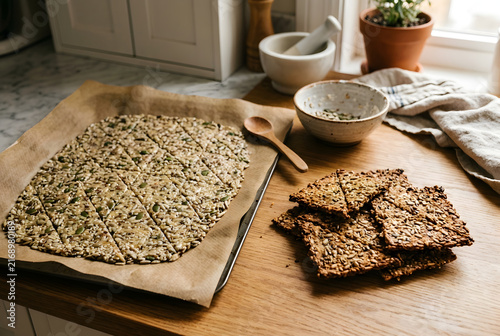 Backfertige Saatencracker auf dem Backblech