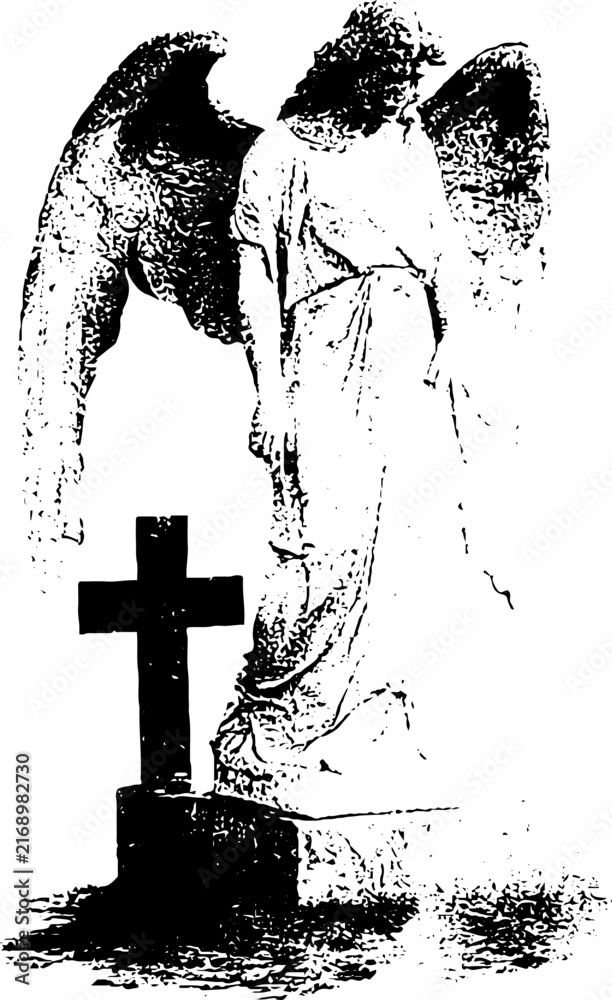 Fototapeta premium Grunge black and white weeping angel statue with cross stencil for memorial poster background and gothic design