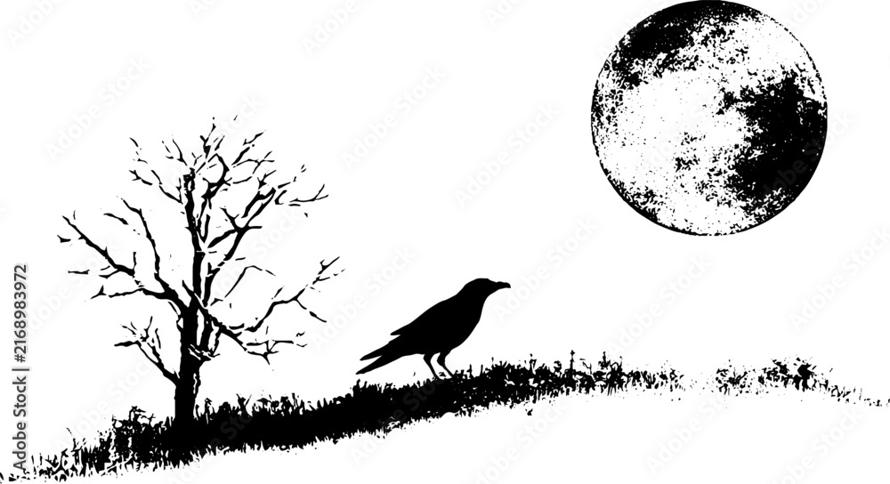 Naklejka premium Grunge black and white raven stencil landscape with full moon and bare tree for halloween background, banner and poster design in gothic monochrome style