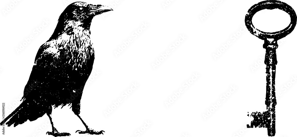 Naklejka premium Grunge black and white stencil raven and antique key illustration set for gothic background poster and halloween design