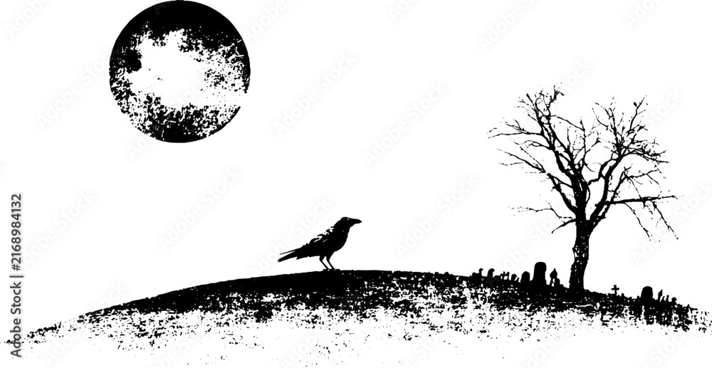 Naklejka premium Grunge black and white raven on hill stencil with barren tree moon and gravestones for halloween landscape background and poster