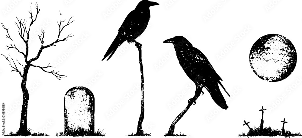 Naklejka premium Grunge black and white raven stencil set with bare trees moon and gravestones for halloween background and poster design