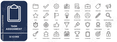 Set of 32 business and office line icons, including clipboard, folder, checkmark, gear, id badge, checklist, briefcase, megaphone, and target symbols