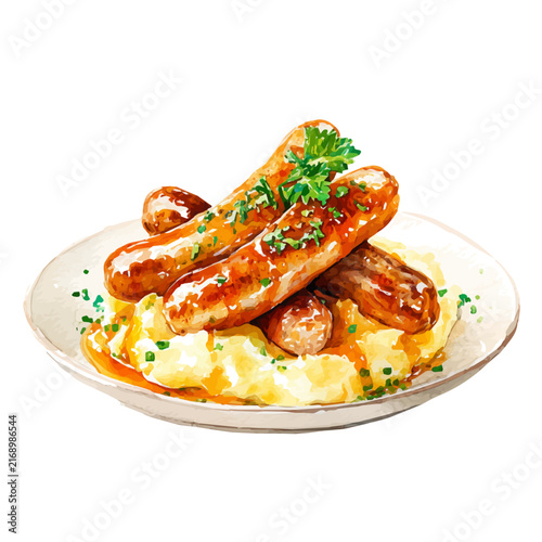 Obraz na plátně Stylized watercolor Bangers And Mash vector, modern artistic illustration with high-quality details on a pure white background