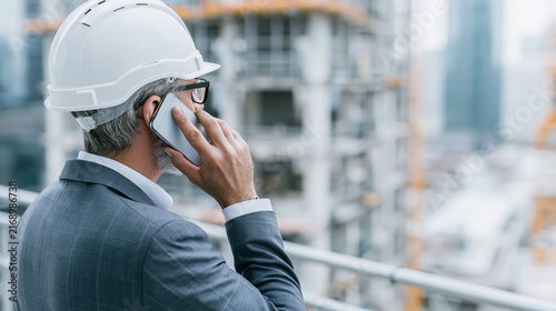 Businessman in a hard hat talking on the phone at a construction site.