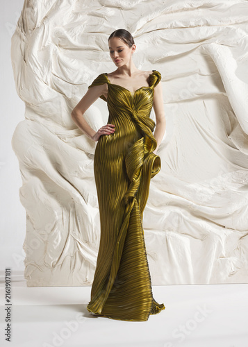 Fotografie Full length shot of elegant woman wearing luxury olive gold pleated lame Grecian