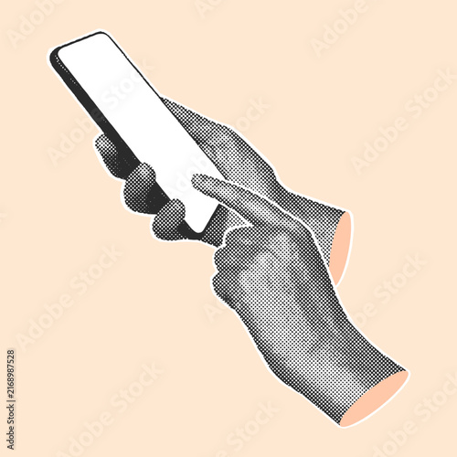 Two hands hold a smartphone with a blank screen while one finger taps it, side view on a light peach background, halftone pop art illustration, mobile technology concept.