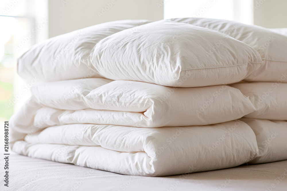 Fototapeta premium White folded blanket stack showcasing fluffy quilted comforter layers, soft fabric texture, stitched detail, and bright home bedroom styling with shallow focus and clean background