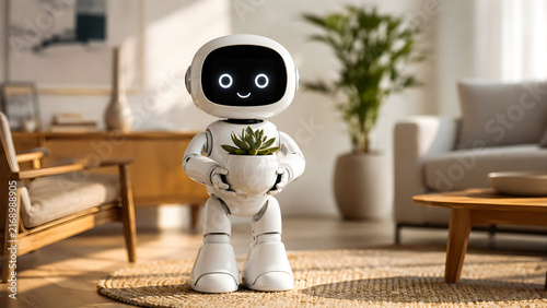 Cute White AI Robot Holding Potted Plant in Minimalist Living Room. Smart Home Automation. Artificial Intelligence Technology Concept. Robotics, Future Gadgets, Hipster Interior Design.