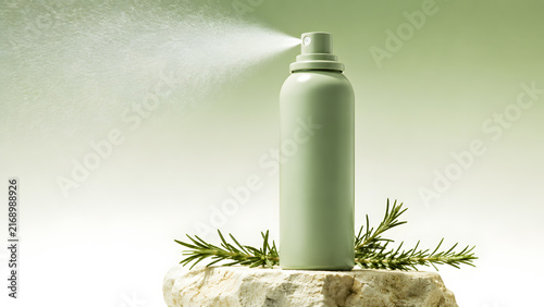 Green organic air freshener spray misting on natural stone