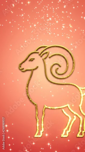 Vertical video of golden glowing Aries zodiac sign with sparkles