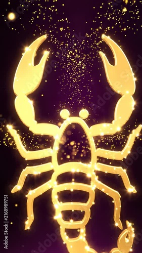 Vertical video of golden glowing Scorpio zodiac sign with sparkles