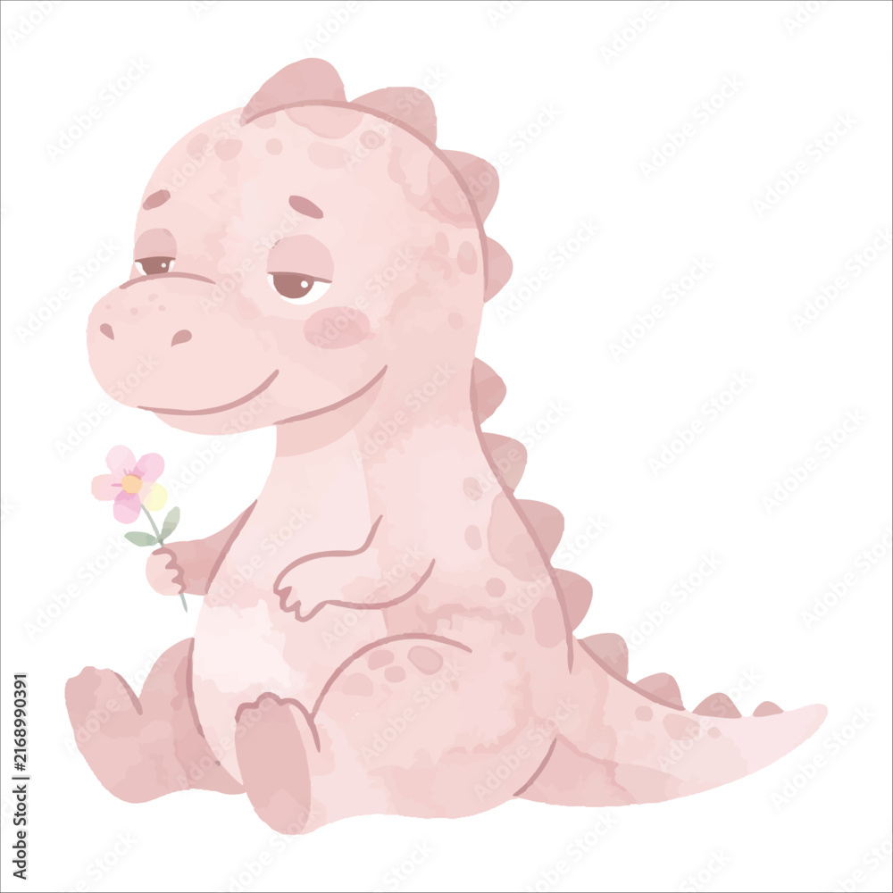 Fototapeta premium Cute Allosaurus Sitting Sleepy and Holding a Flower, Pastel Pink Watercolor Dinosaur, Flat Vector Illustration Isolated on White Background 