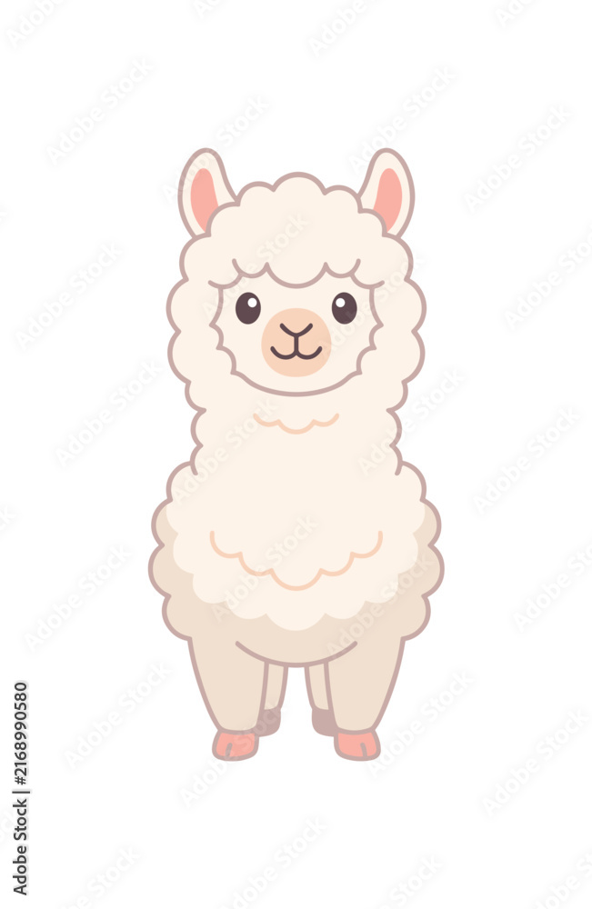 Obraz premium Cute fluffy white alpaca standing on a white background, cartoon style