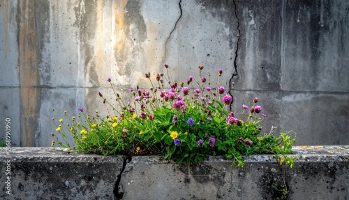 Vibrant flowers growing through concrete wall.