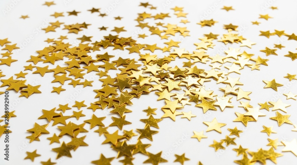 Naklejka premium Scattered golden star confetti on a clean white background for celebrations