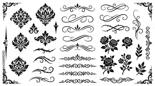 Decorative floral ornaments collection featuring intricate black vector flourishes, elegant damask swirls, vintage roses, and ornate filigree scroll design elements