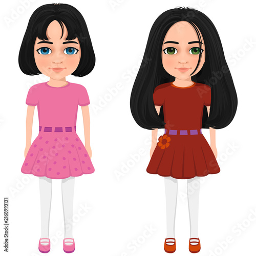 Two cute girls with colorful eyes were standing up.