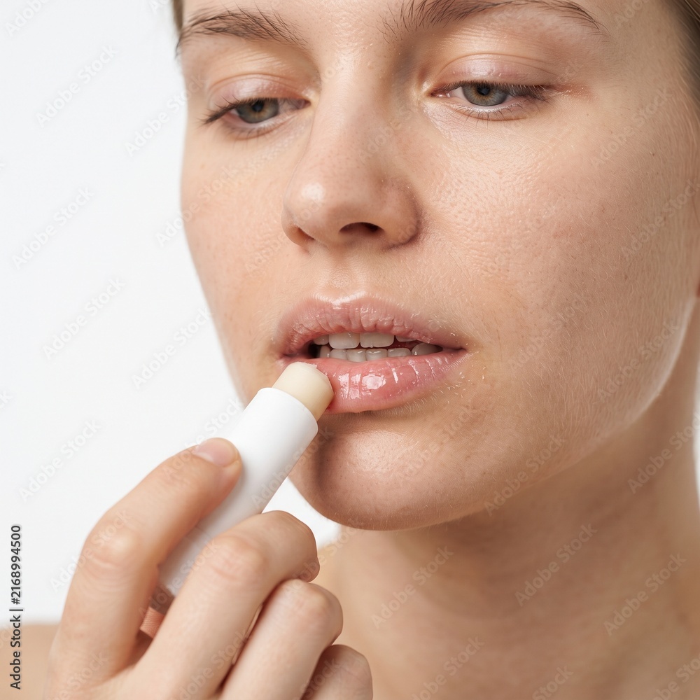 Naklejka premium Close-up of young woman applying lip balm for moisturizing lips