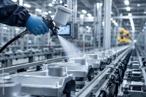 Industrial painter uses specialized spray gun to coat metal automotive engine components moving along an automated production line factory floor