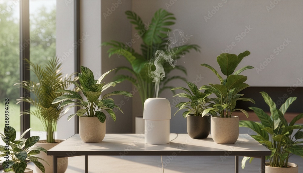 Fototapeta premium A minimalist white electronic diffuser emitting a swirl of aromatic steam on a table, surrounded by beautiful green potted houseplants in a bright, modern room with natural daylight from windows