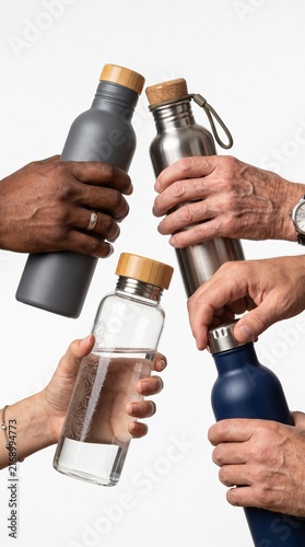 A toast to hydration with diverse hands holding various reusable water bottles, symbolizing health and sustainability