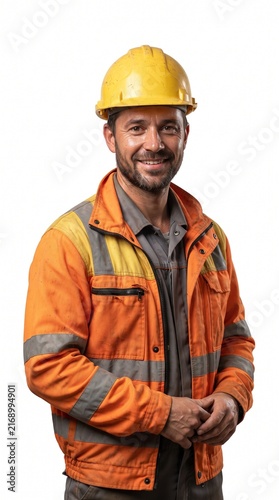 A smiling construction worker wearing a yellow hard hat and an orange high-visibility jacket stands confidently. He is a middle-aged man with a beard and a friendly expression.