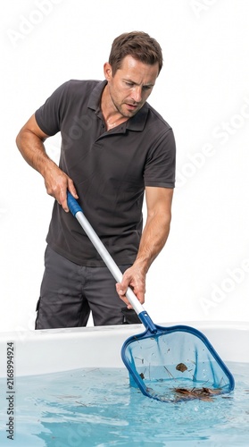A man wearing a gray polo shirt and gray shorts is cleaning a swimming pool with a net, collecting debris from the water. He is focused on the task with a net in his hand.